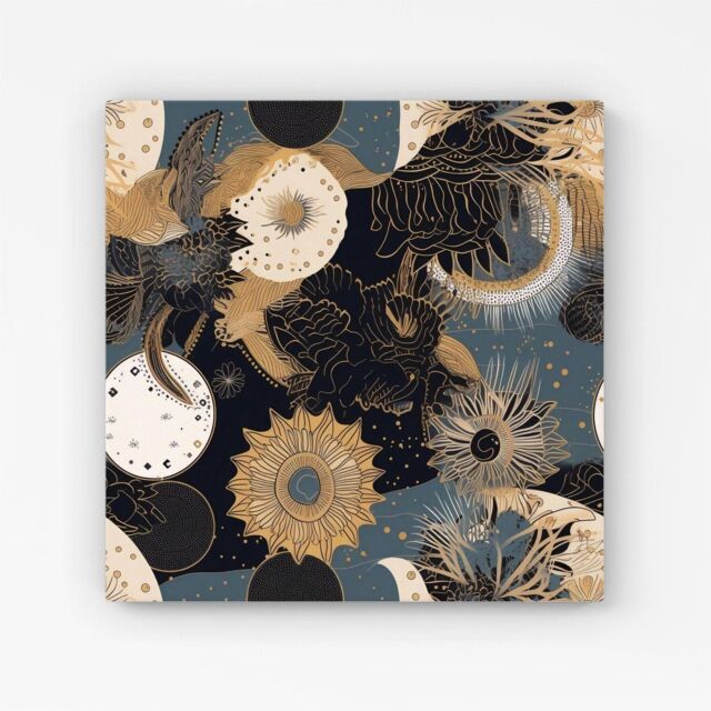 "Warren Reed - Designer Abstract Blue Gold Moon Sun Canvas in Yellow - Size: W30"" x H30""" - image 1