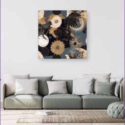 "Warren Reed - Designer Abstract Blue Gold Moon Sun Canvas in Yellow - Size: W30"" x H30""" - thumbnail 4