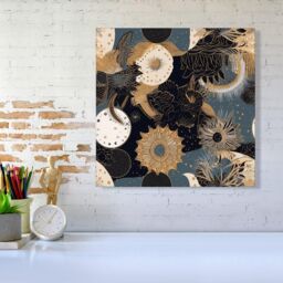 "Warren Reed - Designer Abstract Blue Gold Moon Sun Canvas in Yellow - Size: W30"" x H30""" - thumbnail 2