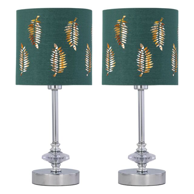 First Choice Lighting Set of 2 Chrome Jewelled Table Lamps with Dark Green Fern Shades in Silver - image 1