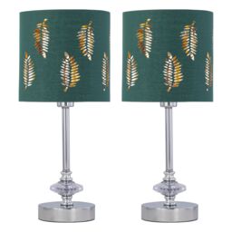 First Choice Lighting Set of 2 Chrome Jewelled Table Lamps with Dark Green Fern Shades in Silver