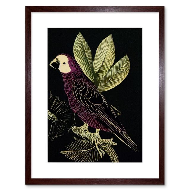 "Artery8 Wall Art Print Burgundy Parrot Leaves Tree Branch on Black Vintage Linocut Artwork Framed 9X7 Inch in Brown - Size: W7"" x H9""" - image 1