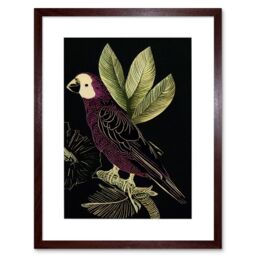 "Artery8 Wall Art Print Burgundy Parrot Leaves Tree Branch on Black Vintage Linocut Artwork Framed 9X7 Inch in Brown - Size: W7"" x H9""" - thumbnail 1