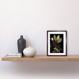 "Artery8 Wall Art Print Burgundy Parrot Leaves Tree Branch on Black Vintage Linocut Artwork Framed 9X7 Inch in Brown - Size: W7"" x H9""" - thumbnail 2