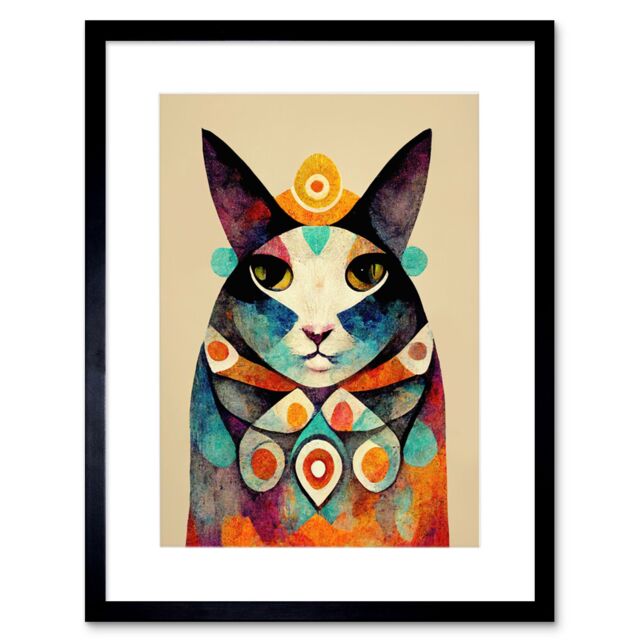 "Artery8 Wall Art Print Quirky Boho Abstract Modern Shaman Guru Cat Artwork Framed 9X7 Inch in Black - Size: W7"" x H9""" - image 1