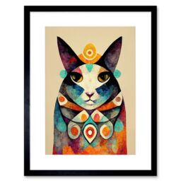 "Artery8 Wall Art Print Quirky Boho Abstract Modern Shaman Guru Cat Artwork Framed 9X7 Inch in Black - Size: W7"" x H9""" - thumbnail 1