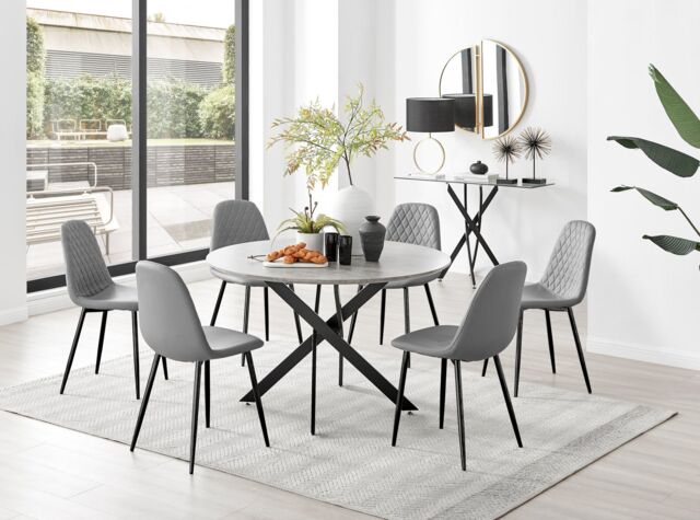 FurnitureboxUK Novara Grey Concrete Effect Black Leg 120cm Round Dining Table & 6 Corona Black Leg Chairs - image 1