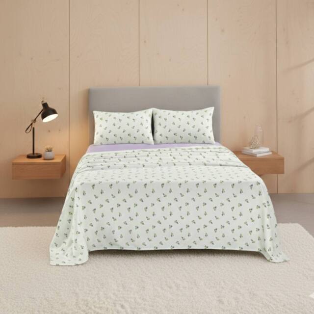 Snug City Soft Flower Print Brushed Cotton Fitted Flat Sheet Matching Pillowcase in Purple - Size: Single - image 1