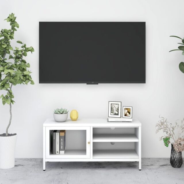 Berkfield Home TV Cabinet White 90x30x44 cm Steel & Glass - Size: 90 x 30 x 44 cm - image 1