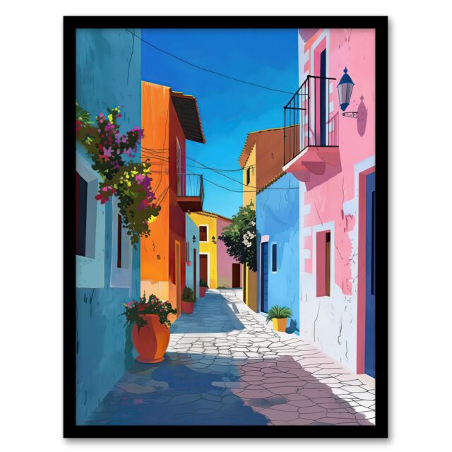 Artery8 Colourful Houses Italian Village Street Painting Framed Art Print - Size: A4 - image 1