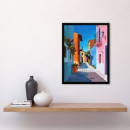 Artery8 Colourful Houses Italian Village Street Painting Framed Art Print - Size: A4 - thumbnail 4