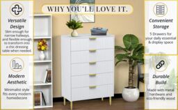 Hygrad Built to Survive Free Standing White Wooden Chic Fluted Kitchen Bed Living room Chest of 5 Drawers Dresser Console Table - thumbnail 5