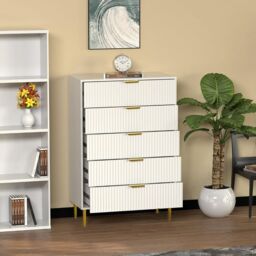 Hygrad Built to Survive Free Standing White Wooden Chic Fluted Kitchen Bed Living room Chest of 5 Drawers Dresser Console Table - thumbnail 3