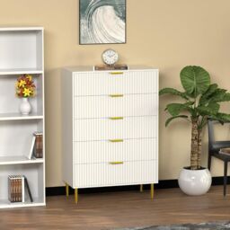 Hygrad Built to Survive Free Standing White Wooden Chic Fluted Kitchen Bed Living room Chest of 5 Drawers Dresser Console Table - thumbnail 1