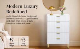Hygrad Built to Survive Free Standing White Wooden Chic Fluted Kitchen Bed Living room Chest of 5 Drawers Dresser Console Table - thumbnail 4