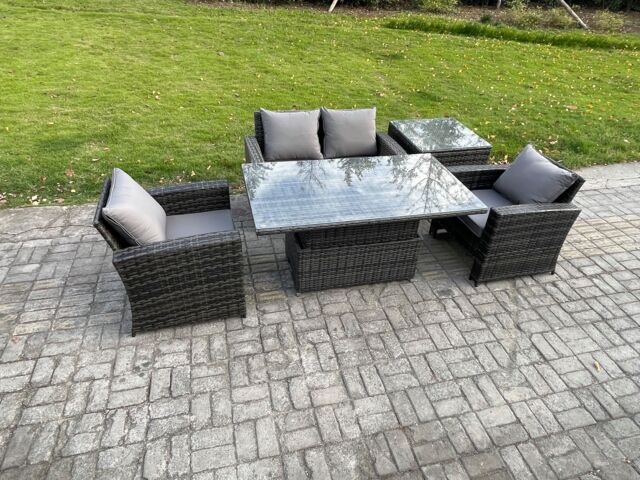 Fimous Outdoor Garden Dining Sets 4 Seater Rattan Patio Furniture Sofa Set with Rising Lifting Table Side Table in Dark Grey
