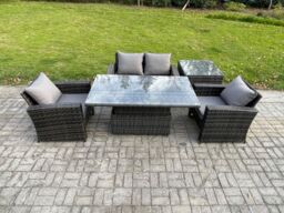 Fimous Outdoor Garden Dining Sets 4 Seater Rattan Patio Furniture Sofa Set with Rising Lifting Table Side Table in Dark Grey - thumbnail 2