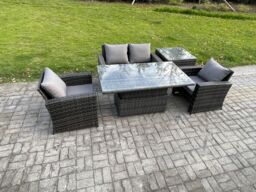 Fimous Outdoor Garden Dining Sets 4 Seater Rattan Patio Furniture Sofa Set with Rising Lifting Table Side Table in Dark Grey - thumbnail 1