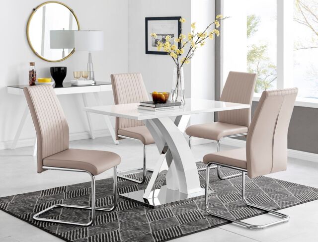 FurnitureboxUK Atlanta White High Gloss & Chrome 4 Seater Dining Table with X Shaped Legs & 4 Faux Leather Lorenzo Chairs in Beige - image 1