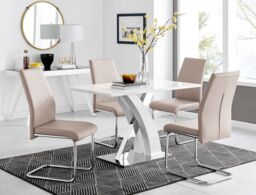 FurnitureboxUK Atlanta White High Gloss & Chrome 4 Seater Dining Table with X Shaped Legs & 4 Faux Leather Lorenzo Chairs in Beige - thumbnail 1