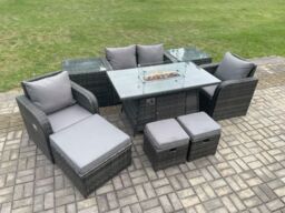 Fimous Rattan Garden Furniture Set Outdoor Patio Gas Fire Pit Dining Table & Chairs with 2 Side Table in Dark Grey - thumbnail 3