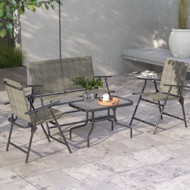 OUTSUNNY Patio Furniture Set, Garden Set w/ Table, Foldable Chairs, a Loveseat in Brown - image 1