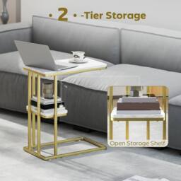 STILVORA Side Table with 2-Tier Storage White Marble Effect - thumbnail 7