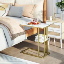 STILVORA Side Table with 2-Tier Storage White Marble Effect - thumbnail 3