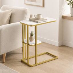 STILVORA Side Table with 2-Tier Storage White Marble Effect - thumbnail 1