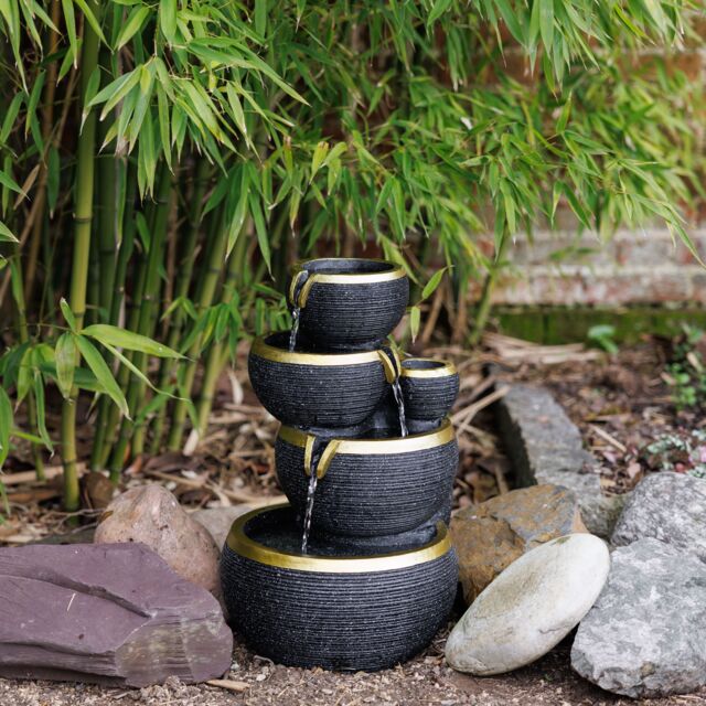 Primrose Solar Power 3 Tier Stacked Bowls Gold Edge Water Feature Cascade LED Lights 46cm in Black - image 1