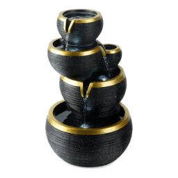 Primrose Solar Power 3 Tier Stacked Bowls Gold Edge Water Feature Cascade LED Lights 46cm in Black - thumbnail 7
