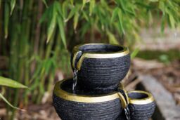 Primrose Solar Power 3 Tier Stacked Bowls Gold Edge Water Feature Cascade LED Lights 46cm in Black - thumbnail 2