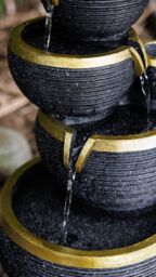 Primrose Solar Power 3 Tier Stacked Bowls Gold Edge Water Feature Cascade LED Lights 46cm in Black - thumbnail 3