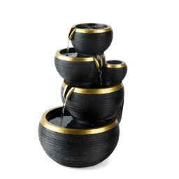 Primrose Solar Power 3 Tier Stacked Bowls Gold Edge Water Feature Cascade LED Lights 46cm in Black - thumbnail 8