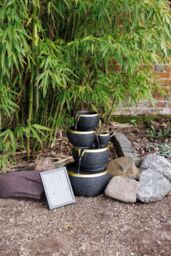 Primrose Solar Power 3 Tier Stacked Bowls Gold Edge Water Feature Cascade LED Lights 46cm in Black - thumbnail 5
