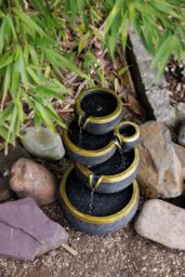 Primrose Solar Power 3 Tier Stacked Bowls Gold Edge Water Feature Cascade LED Lights 46cm in Black - thumbnail 4
