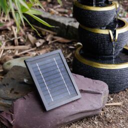 Primrose Solar Power 3 Tier Stacked Bowls Gold Edge Water Feature Cascade LED Lights 46cm in Black - thumbnail 6
