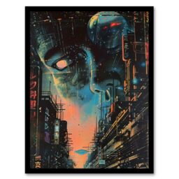 "Artery8 Japanese Sci Fi City Tokyo Japan Cyberpunk Pulp Framed Art Print in Blue - Size: W12"" x H16""" - thumbnail 1