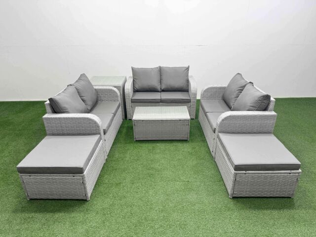 Fimous 8 Seater PE Wicker Rattan Furniture Sofa Sets with Rectangular Coffee Table 2 Seater Love Sofa 2 Big Footstool Side Table Light Grey - image 1