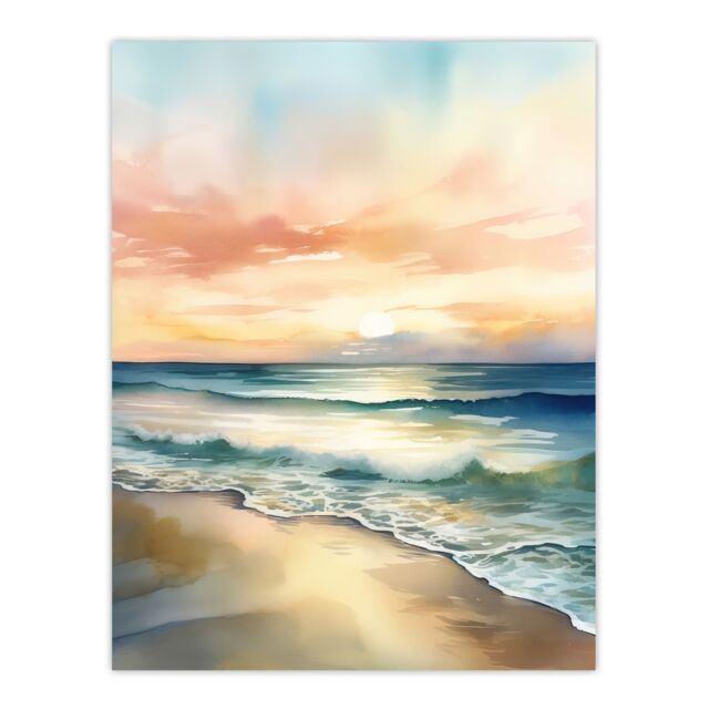 "Artery8 Wall Art Print Simple Serene Seashore Sunset Scarlet Sky Sublime Scenic Seascape Poster in Blue - Size: W24"" x H32""" - image 1