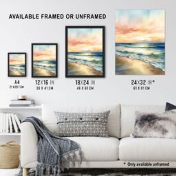 "Artery8 Wall Art Print Simple Serene Seashore Sunset Scarlet Sky Sublime Scenic Seascape Poster in Blue - Size: W24"" x H32""" - thumbnail 3