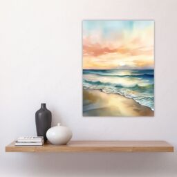"Artery8 Wall Art Print Simple Serene Seashore Sunset Scarlet Sky Sublime Scenic Seascape Poster in Blue - Size: W24"" x H32""" - thumbnail 4