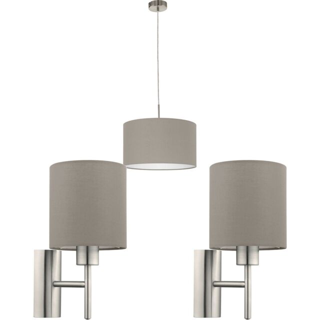 Loops Ceiling Pendant Light & 2x Matching Wall Lights Satin Nickel Taupe Fabric Shade in Metallics - image 1