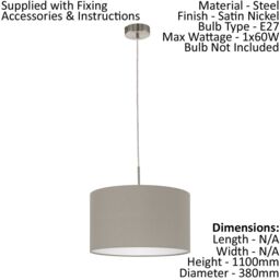 Loops Ceiling Pendant Light & 2x Matching Wall Lights Satin Nickel Taupe Fabric Shade in Metallics - thumbnail 3