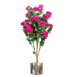 Leaf 100cm Artificial Azalea Pink Flowers Potted Plant with Silver Planter in Dark Pink