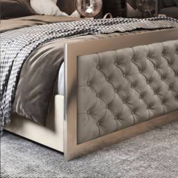 Casani Lapworth Upholstered Soft Velvet Beige Metal Designer Bed Frame in Cream - Size: Super King - thumbnail 7