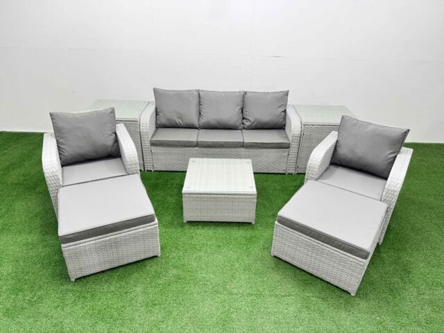 Fimous PE Rattan Garden Furniture Set Reclining Chair Sofa Lounge Sofa Set Square Coffee Table 2 Side Table 2 Big Footstool Light Grey - image 1