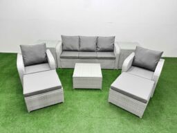 Fimous PE Rattan Garden Furniture Set Reclining Chair Sofa Lounge Sofa Set Square Coffee Table 2 Side Table 2 Big Footstool Light Grey - thumbnail 2