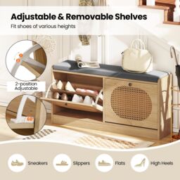 Gymax Rattan Shoe Rack Stand Shoe Storage Bench With Seat Cushion-Natural in Light Khaki - thumbnail 6