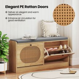 Gymax Rattan Shoe Rack Stand Shoe Storage Bench With Seat Cushion-Natural in Light Khaki - thumbnail 7
